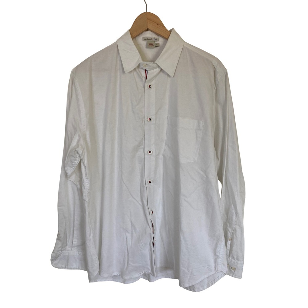 Carbon 2 Cobalt Mens White Cotton Button Down Shirt Striped Trim Size‎ L